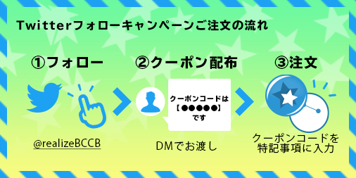 500円off バッチリ缶バッジtwitterアカウントフォロー割引のご案内 リアライズのバッチリ缶バッジ